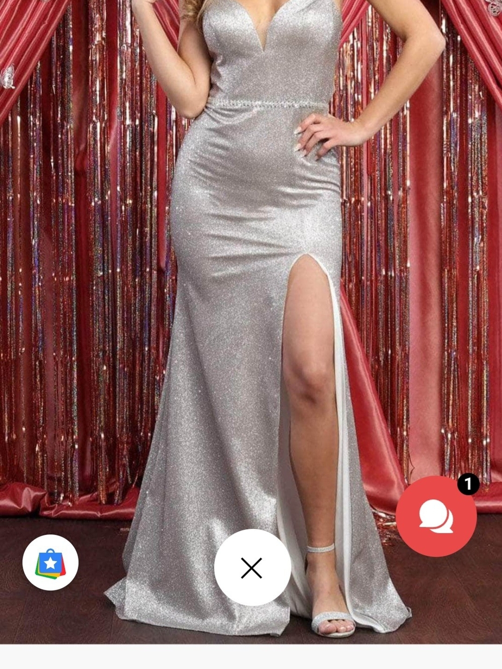 Silver Glitter Plunge Evening Gown with Thigh Slit